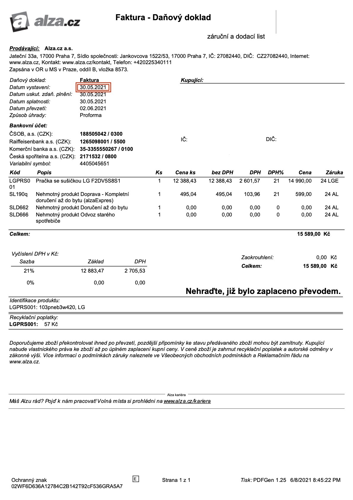 Cashback Pračky - napoveda datum nakupu