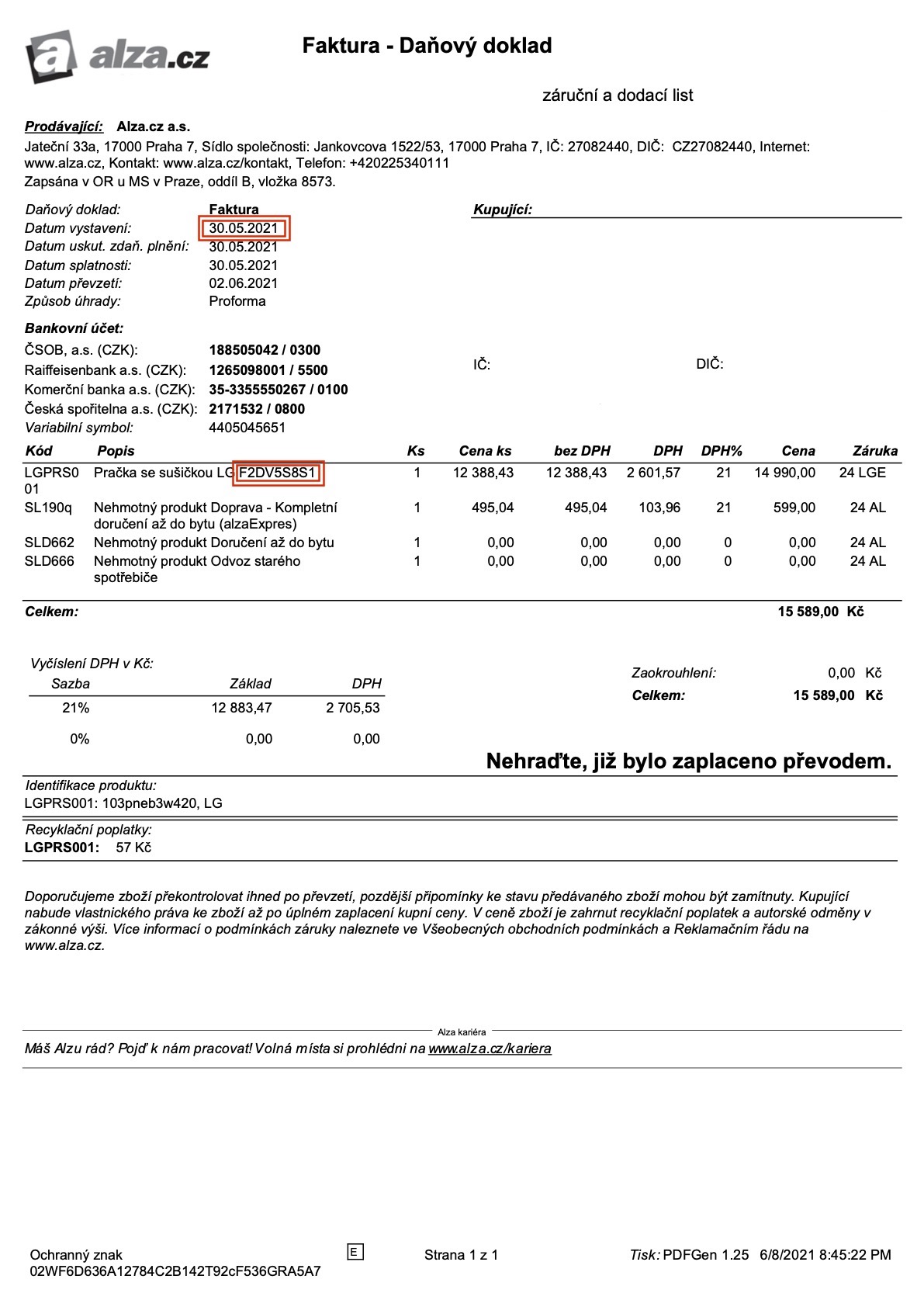 Cashback Pračky - napoveda nakupni doklad